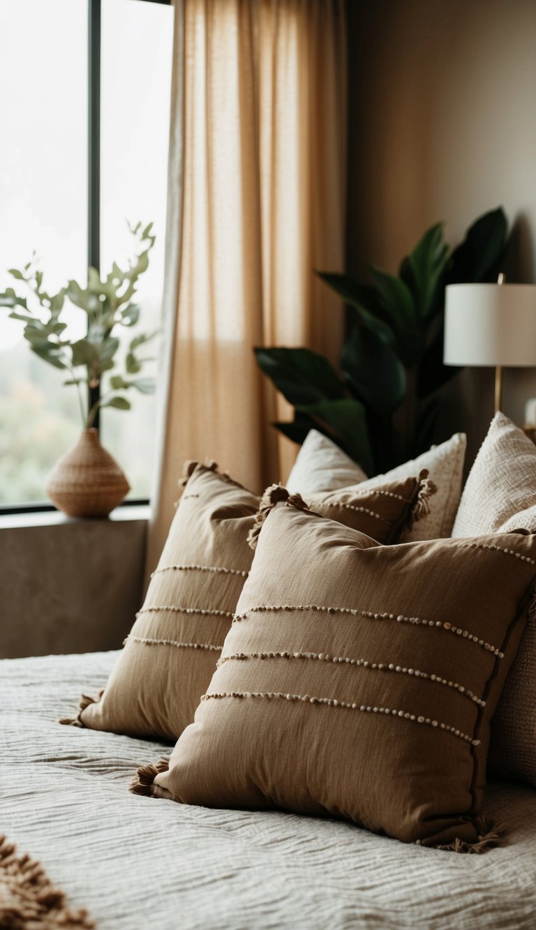 Mud-dyed pillow covers adorn a cozy bedroom with earthy tones and natural textures