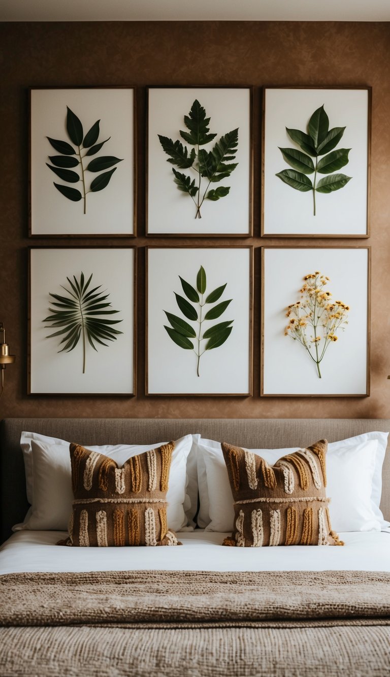 Botanical prints of leaves and flowers hung on the walls of a cozy bedroom with earthy tones and natural textures