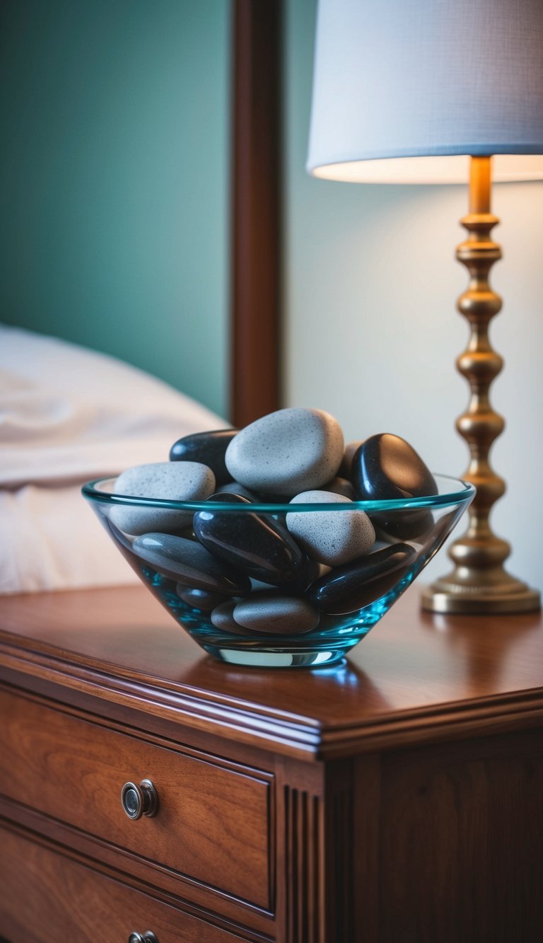 Smooth river stones fill a glass bowl on a wooden dresser in a serene bedroom
