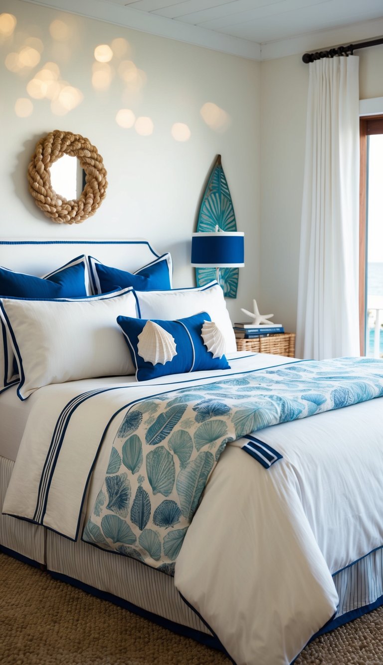 A cozy coastal-themed bedroom with nautical bedding, seashell decor, and ocean-inspired colors