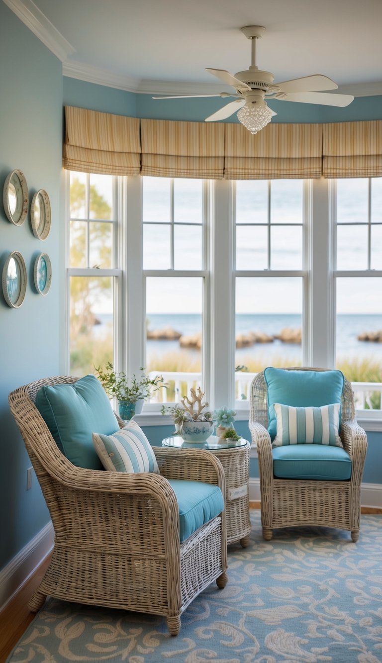 Wicker furniture complements a coastal-themed granddaughter's bedroom