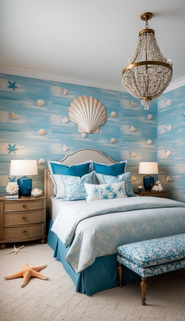 A Luxury coastal granddaughter bedroom featuring a serene beach scene with seashells, starfish, and ocean waves as wallpaper on back of bed