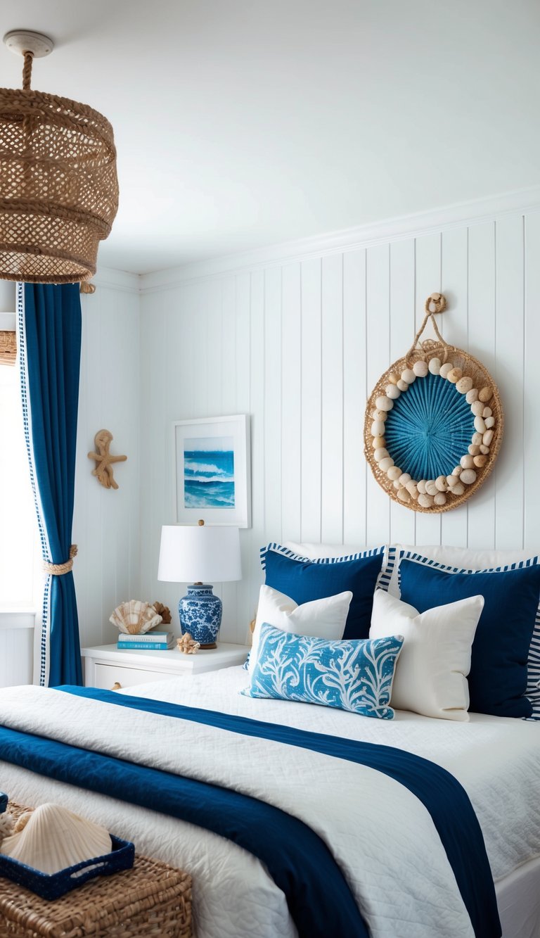 A cozy coastal bedroom with blue and white decor, seashell accents, and nautical-themed accessories