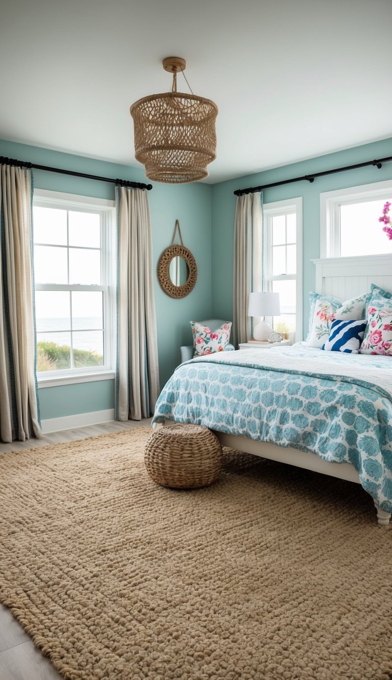 A jute rug lies on the floor of a coastal-themed granddaughter's bedroom, adding texture to the space