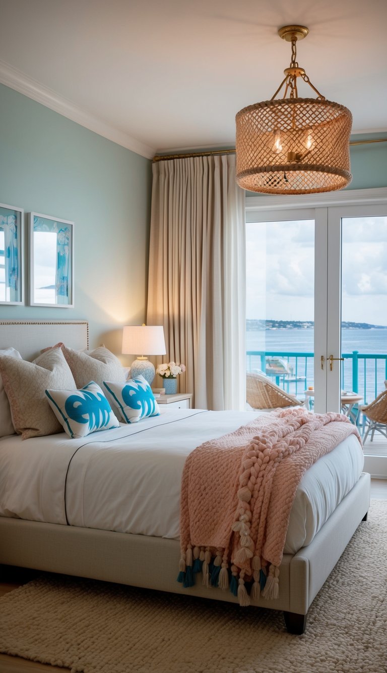 A cozy coastal bedroom with chic lighting, adorned with seaside-inspired decor and a youthful, feminine touch