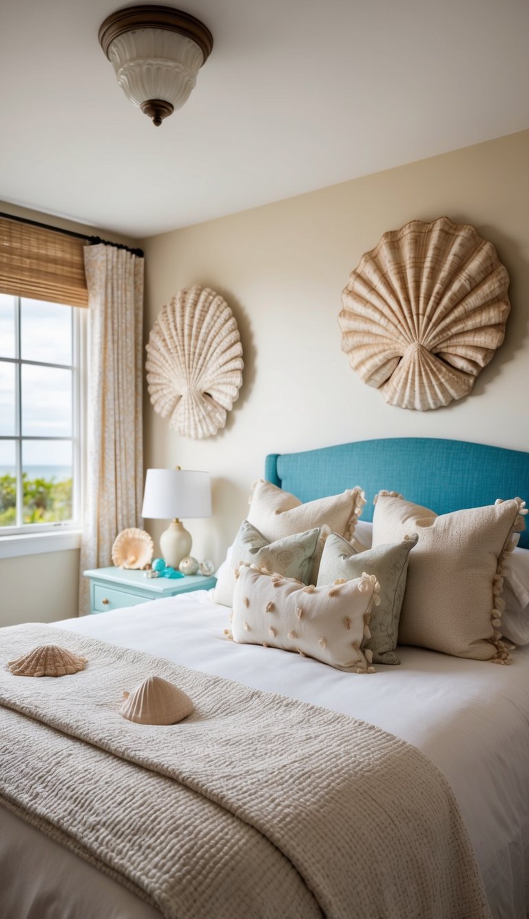 A collection of seashell decorative pieces adorns a coastal-themed granddaughter's bedroom