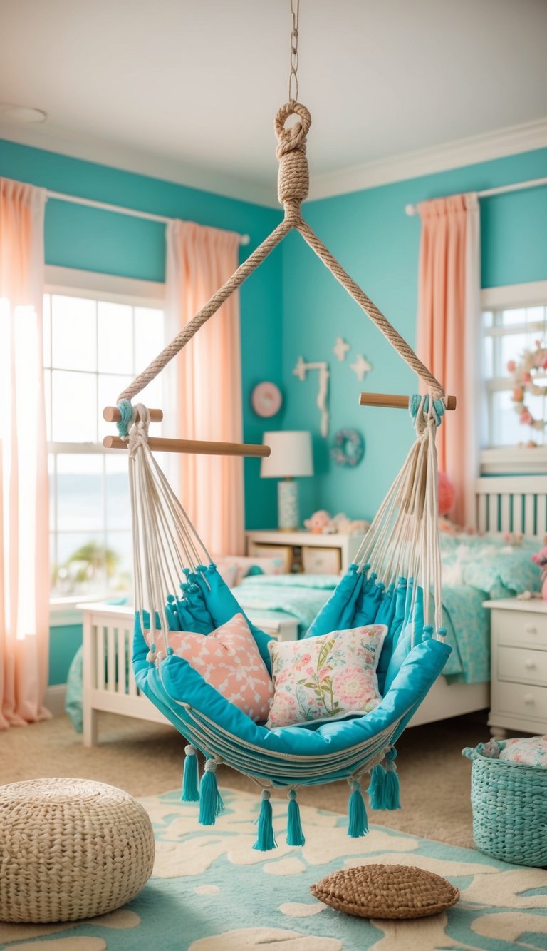 A hammock chair hangs in the corner of a coastal-themed granddaughter's bedroom, surrounded by beachy decor and soothing pastel colors