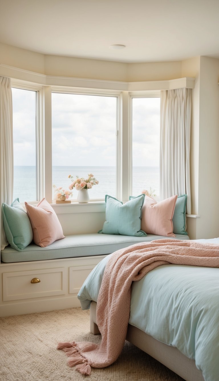 A cozy coastal bedroom with pastel-hued throw pillows scattered on a bed and a window seat, creating a serene and inviting atmosphere