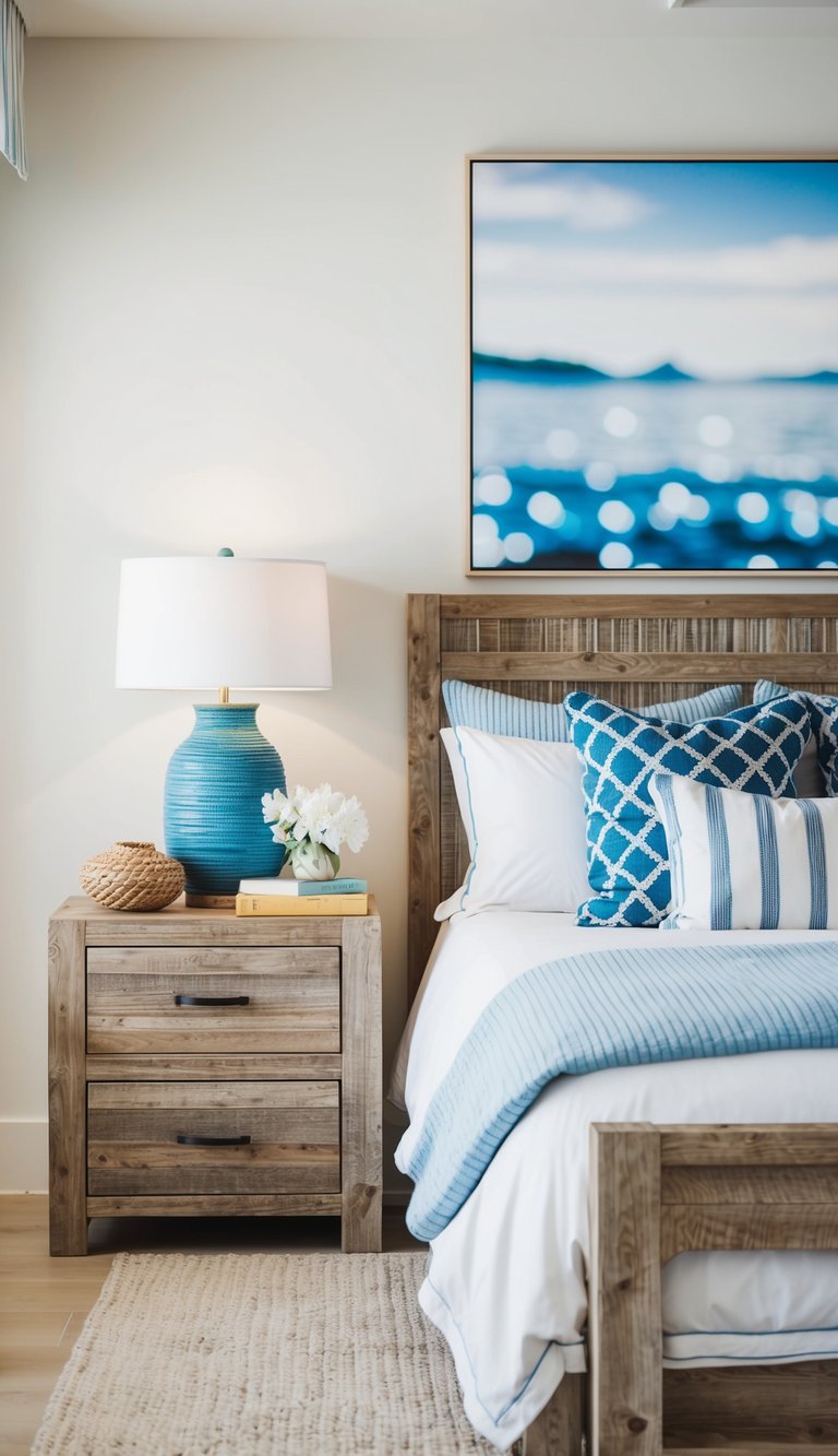 A coastal-themed bedroom with rustic wood nightstands
