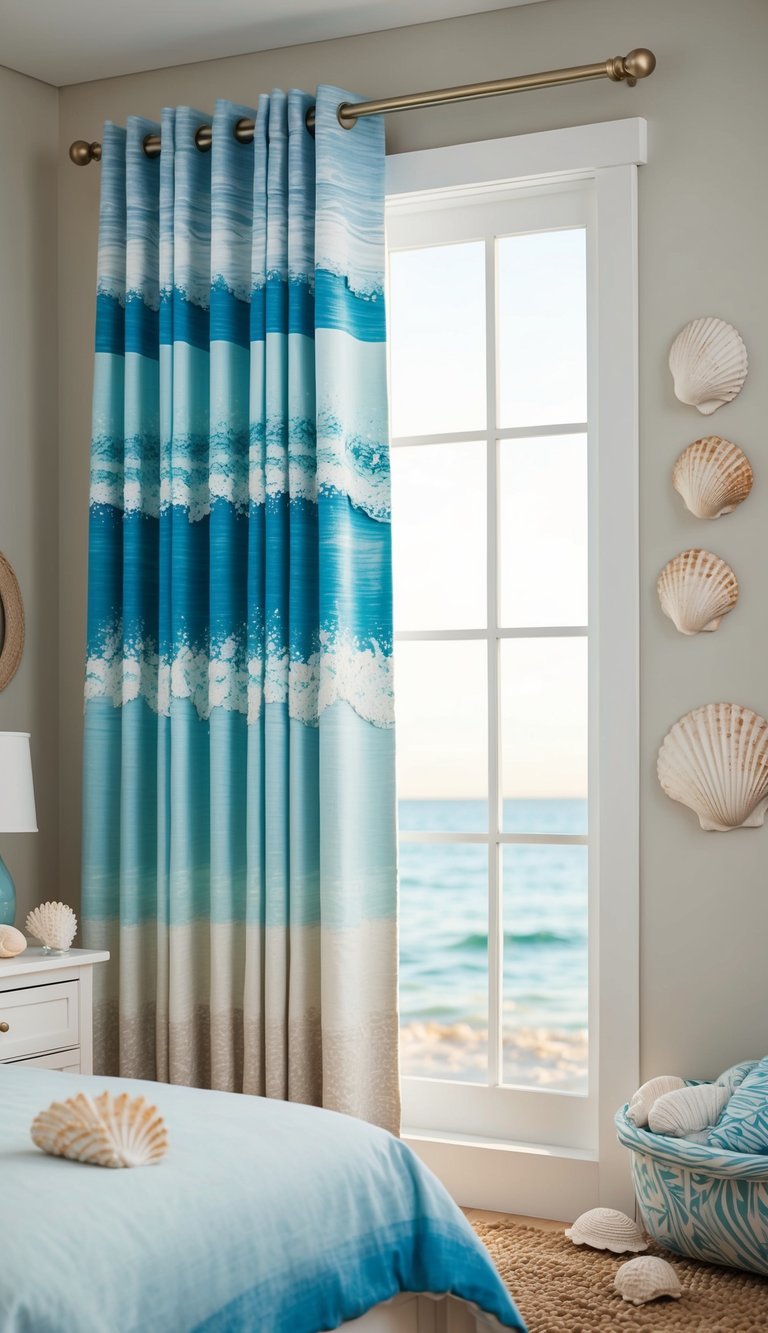 Ocean wave-inspired curtains billow in a coastal-themed granddaughter's bedroom, with soft, sandy hues and seashell accents creating a tranquil, beachy atmosphere