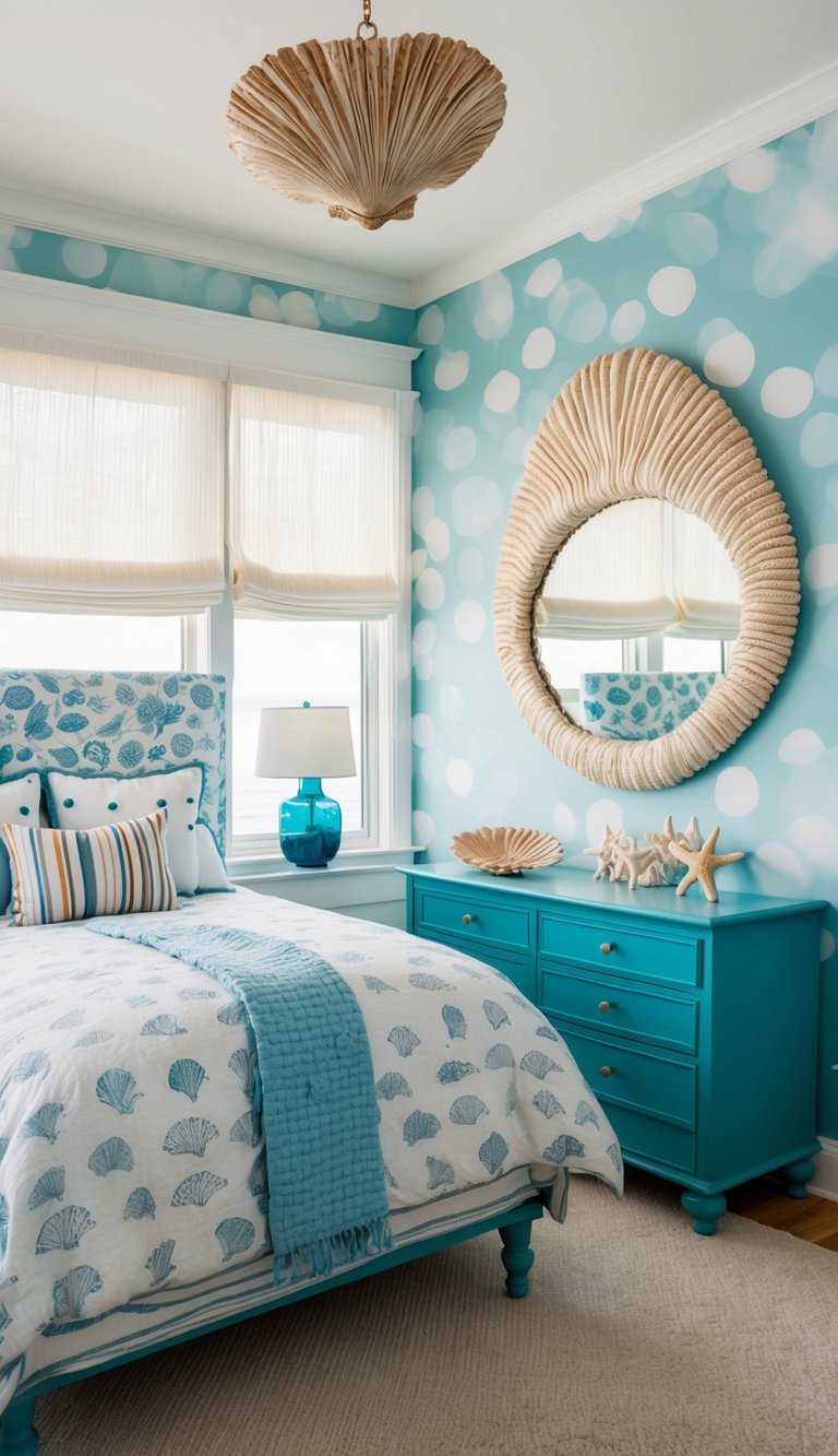 A shell-shaped mirror hangs above a coastal-themed bedroom with granddaughter-inspired decor ideas