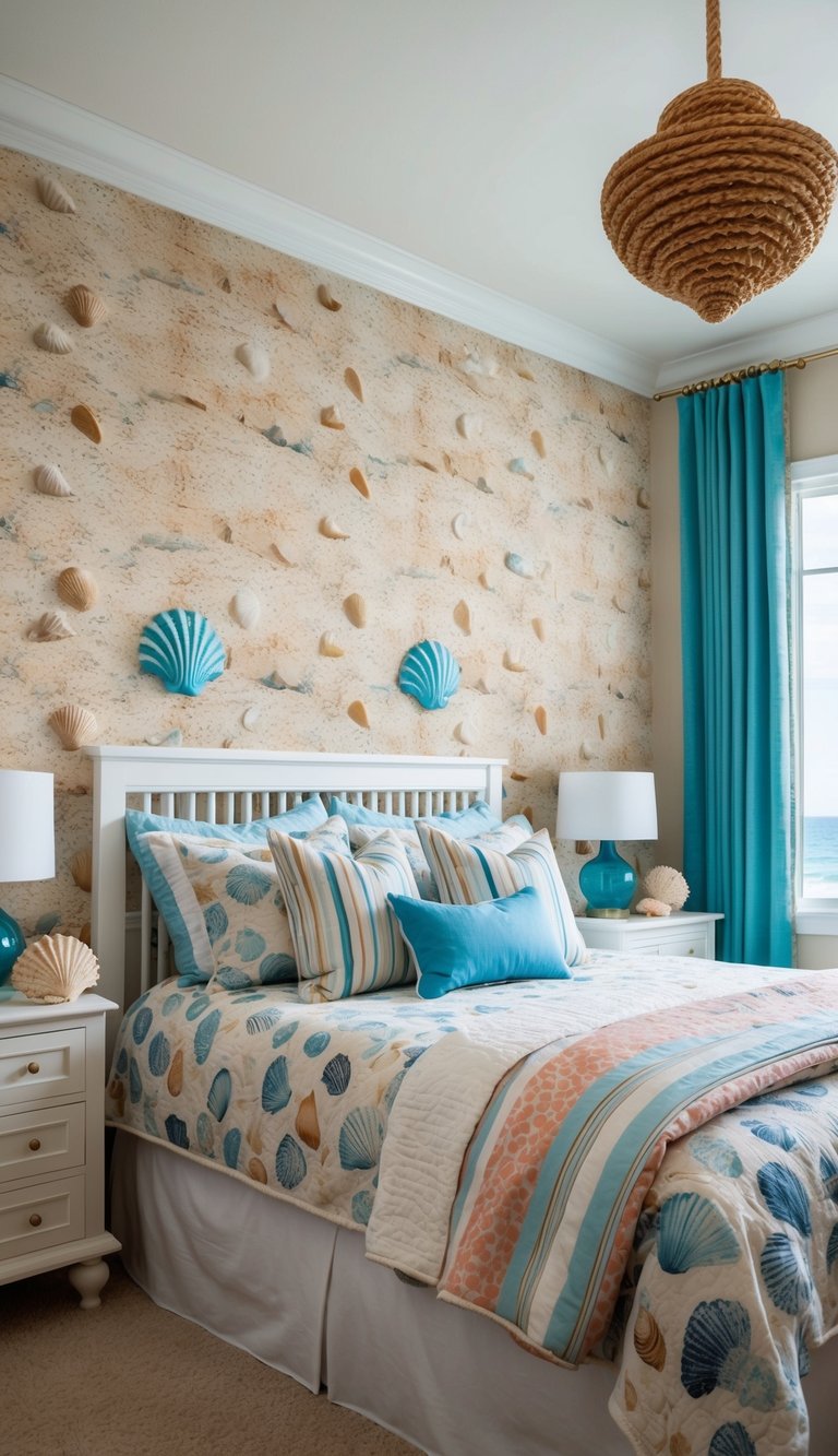 A serene coastal bedroom with a sandy beach stretching out to meet the calm sea, framed by a large window with billowing curtains