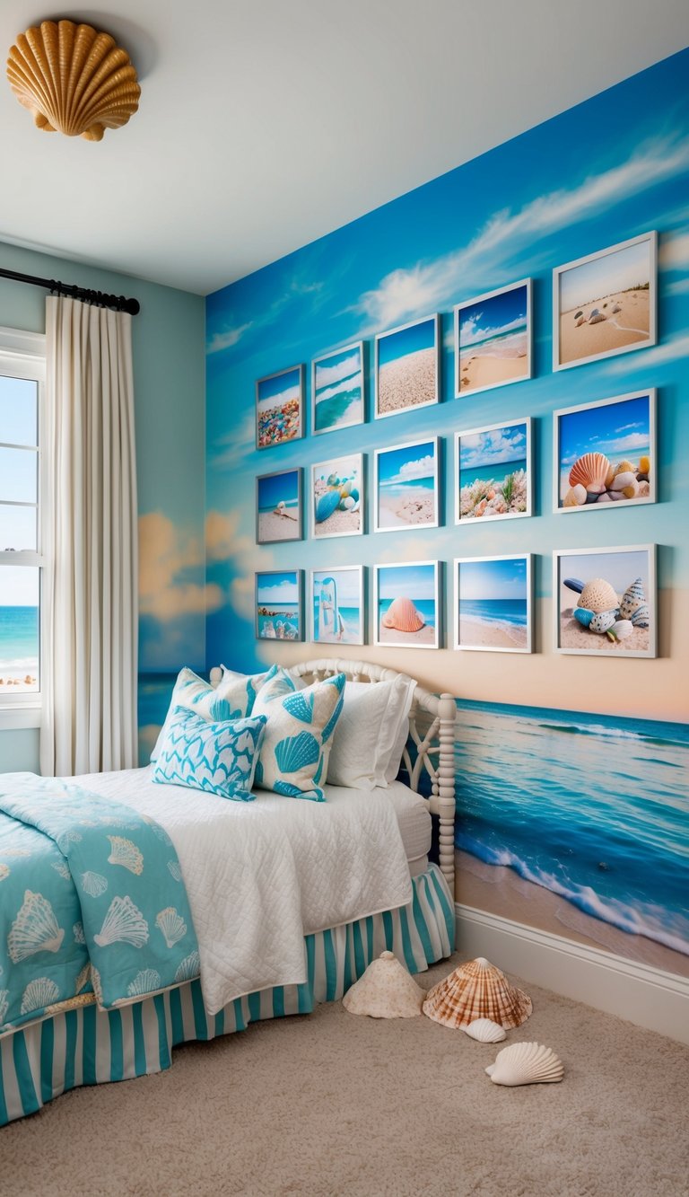 coastal themed granddaughter bedroom with with seashell decor, a sandy beach mural, and a gallery wall of beach photos