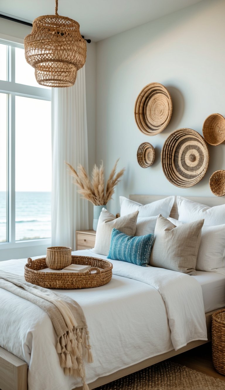 A bedroom with coastal decor features 23 natural fiber baskets