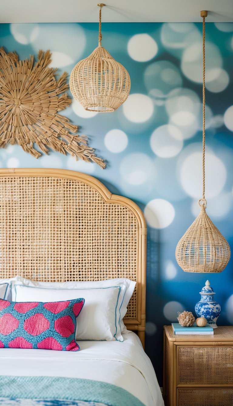 A rattan headboard against a backdrop of coastal-themed decor in a granddaughter's bedroom