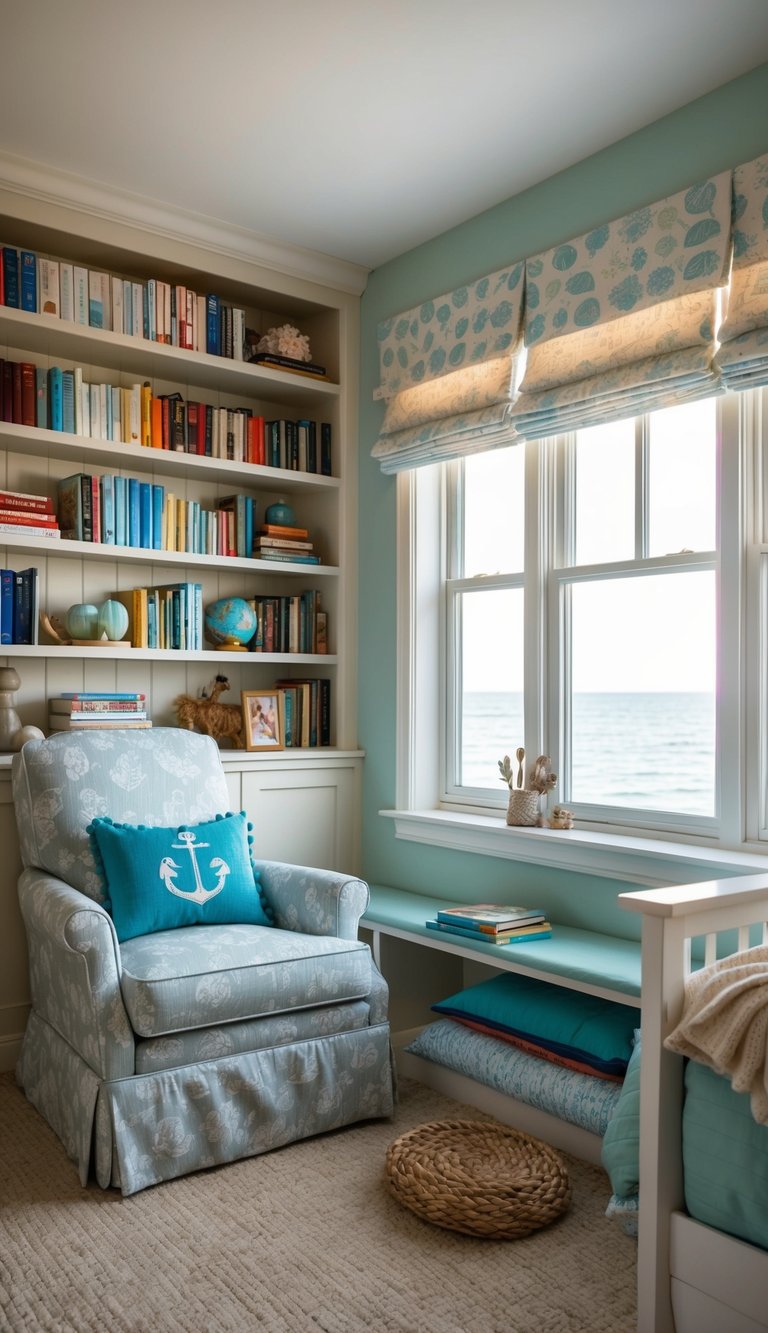 A luxurious coastal granddaughter bedroom featuring A cozy reading nook in a coastal-themed granddaughter's bedroom, complete with a comfortable chair, soft blankets, and a bookshelf filled with favorite reads