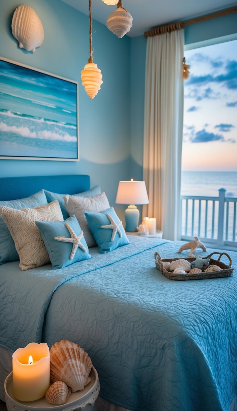 luxurious high detailed image of a coastal themed granddaughter bedroom with Ocean-scented candles illuminate a coastal-themed granddaughter's bedroom, with seashell decor and soft blue hues creating a serene and tranquil atmosphere