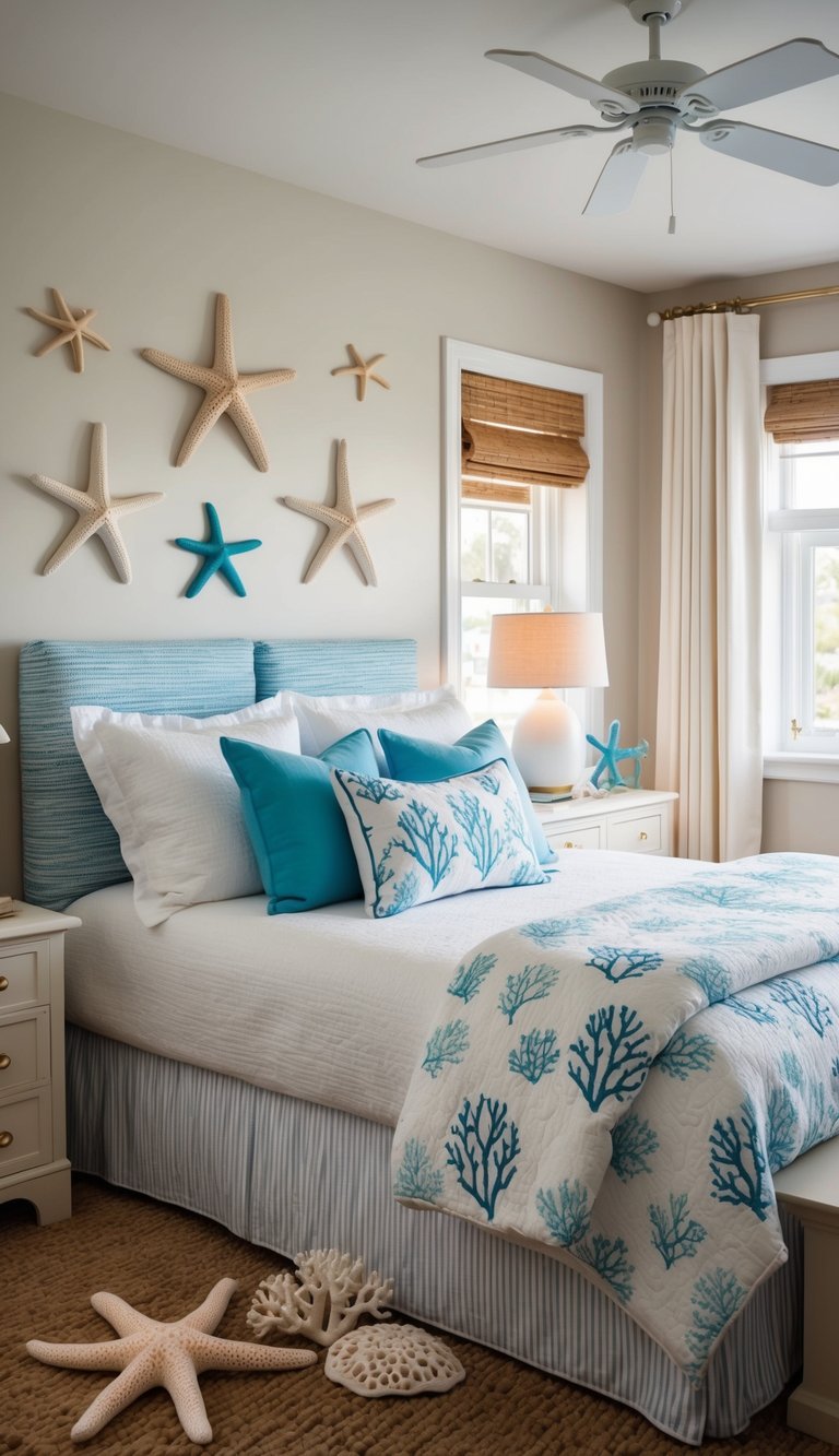 A cozy coastal bedroom with starfish and coral decor, perfect for a granddaughter's room