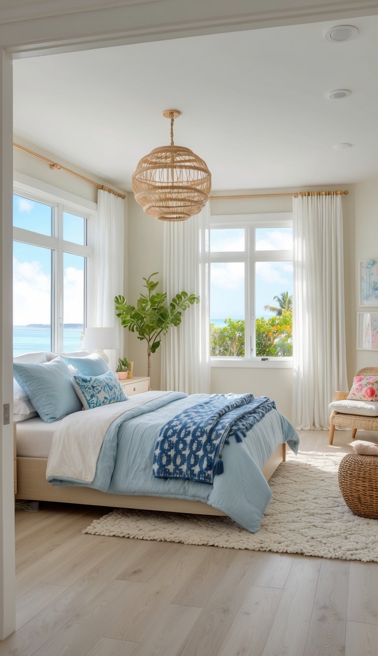 A bright coastal bedroom with light wood flooring and 23 design ideas for a granddaughter's room
