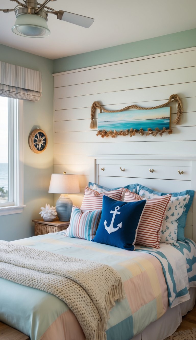A cozy coastal granddaughter bedroom with shiplap walls, nautical decor, and soft pastel colors