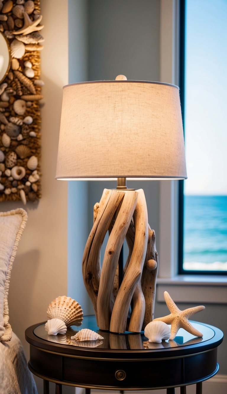 A driftwood lamp sits on a bedside table in a coastal-themed bedroom, surrounded by seashells, starfish, and a soft ocean breeze
