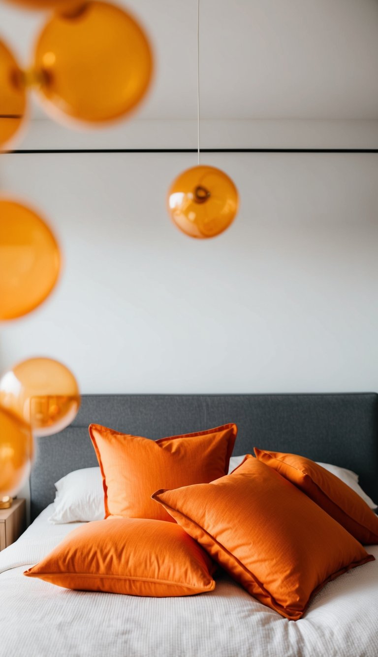 Bright orange pillows scattered on a cozy bed in a modern bedroom with white walls and minimalist decor