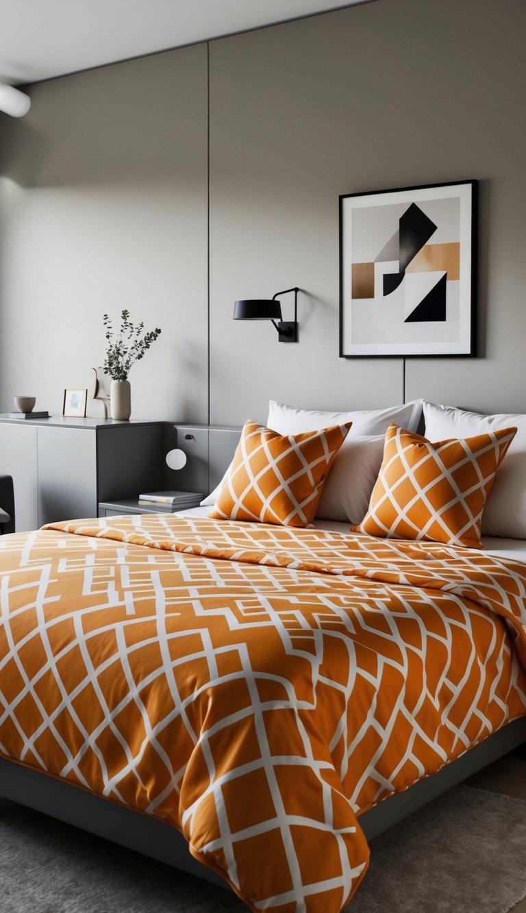 A geometric orange patterned bedspread and matching accent pillows in a modern bedroom with sleek furniture and minimalistic decor