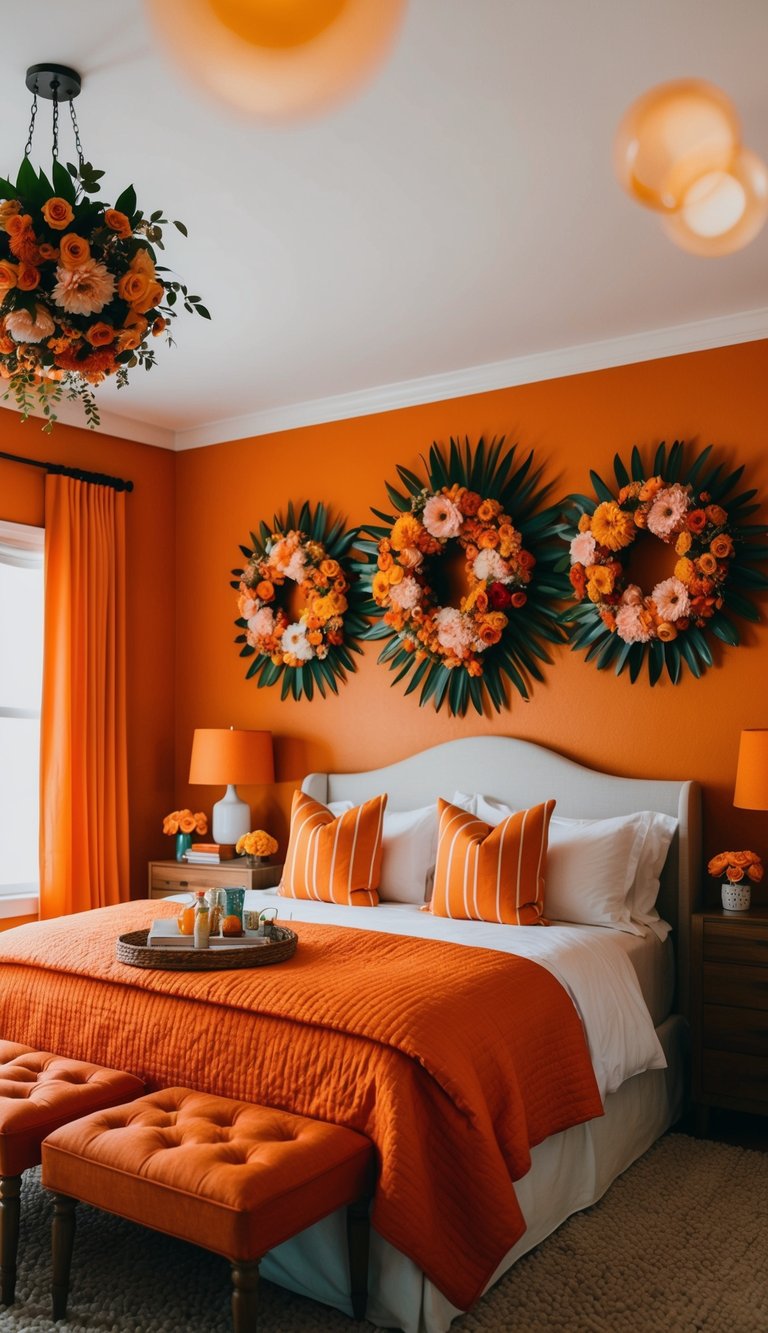 An orange-themed bedroom with vibrant floral arrangements adorning the room, creating a warm and inviting atmosphere