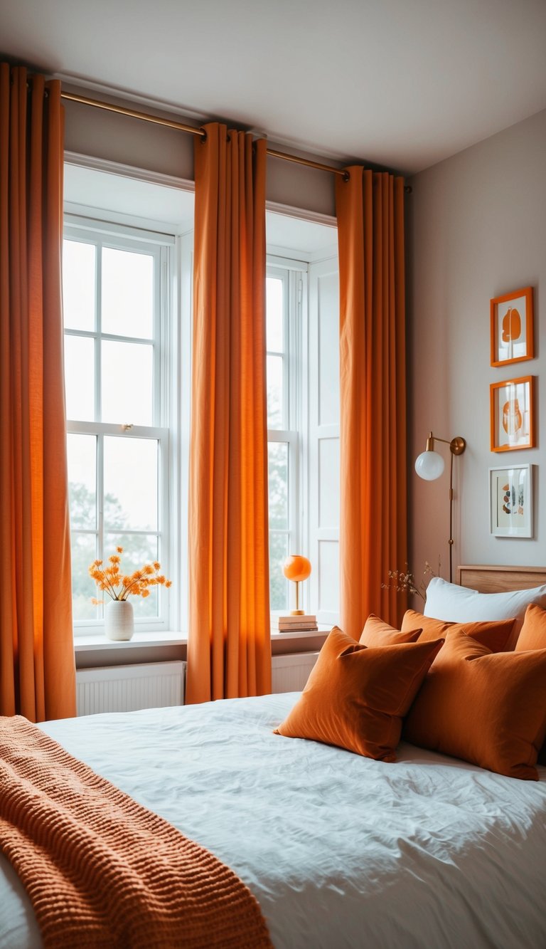 A cozy bedroom with orange blackout curtains, soft lighting, and 23 orange-themed decor ideas