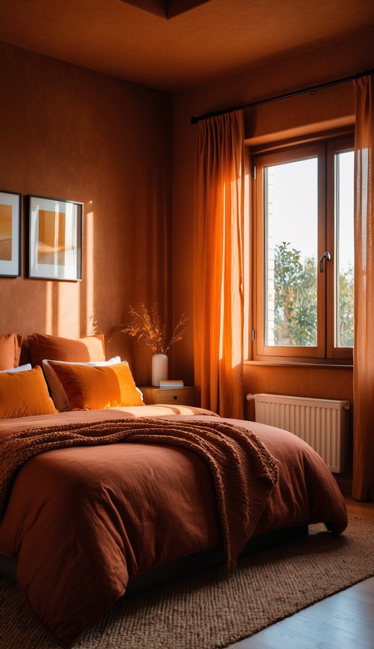 A cozy bedroom with terracotta walls, warm orange bedding, and accents of burnt sienna and amber. Sunlight streams in through the window, casting a golden glow over the room