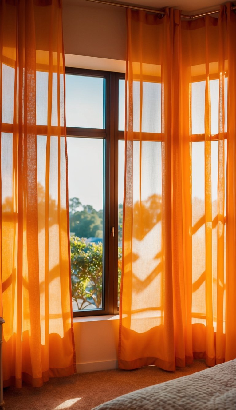Sunlight streams through orange sheer curtains in a cozy bedroom, casting a warm glow on the vibrant decor