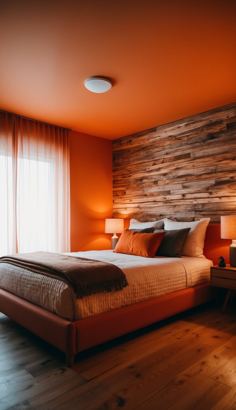 An orange-themed bedroom with wooden textures and warm lighting