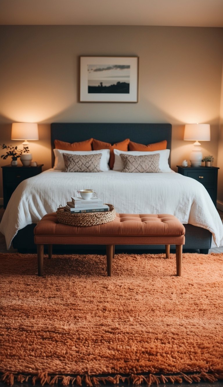 An inviting bedroom with warm orange rugs, creating a cozy and relaxing atmosphere