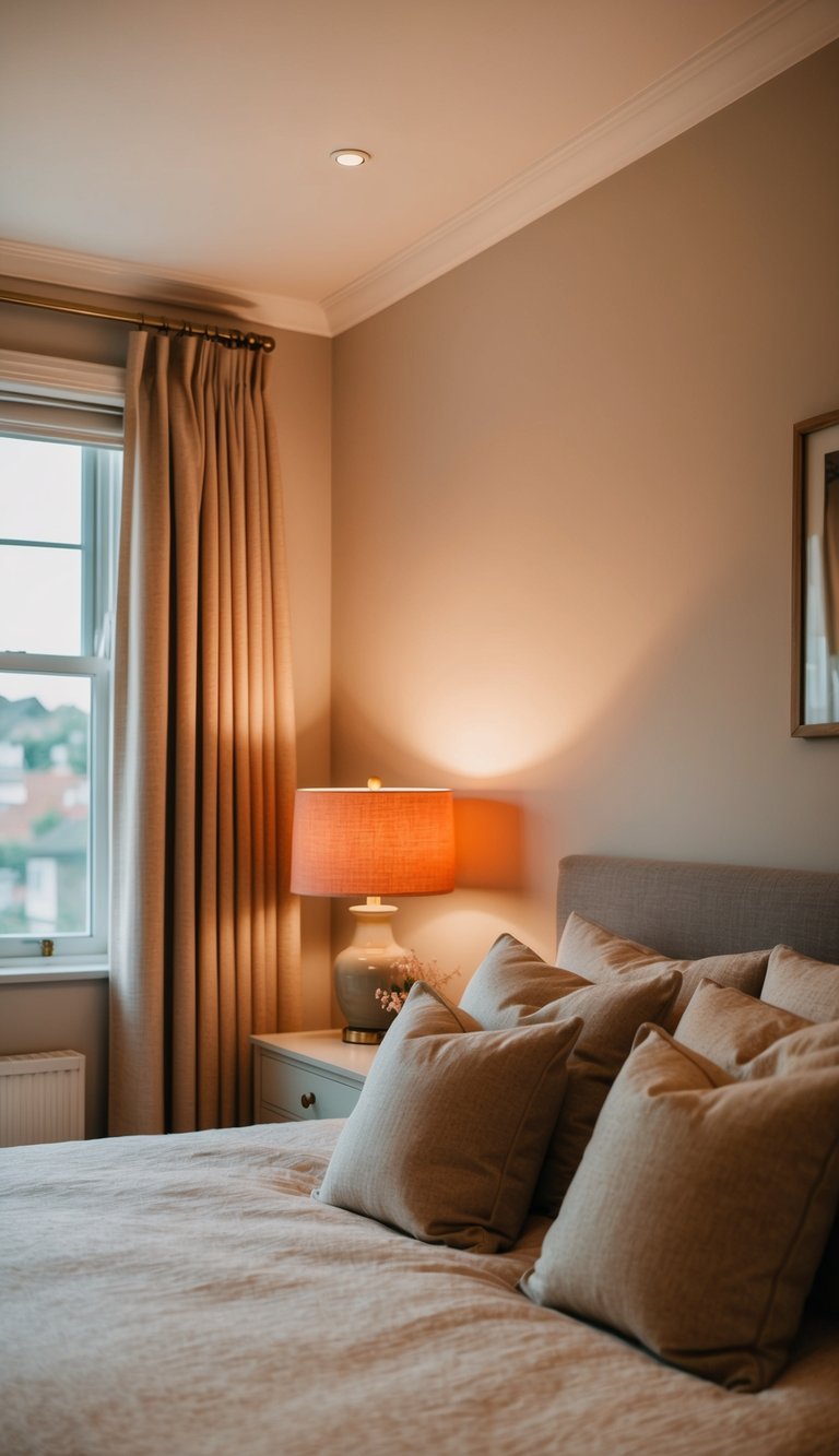 A cozy bedroom with soft, warm lighting from orange lampshades, creating a subtle and inviting atmosphere