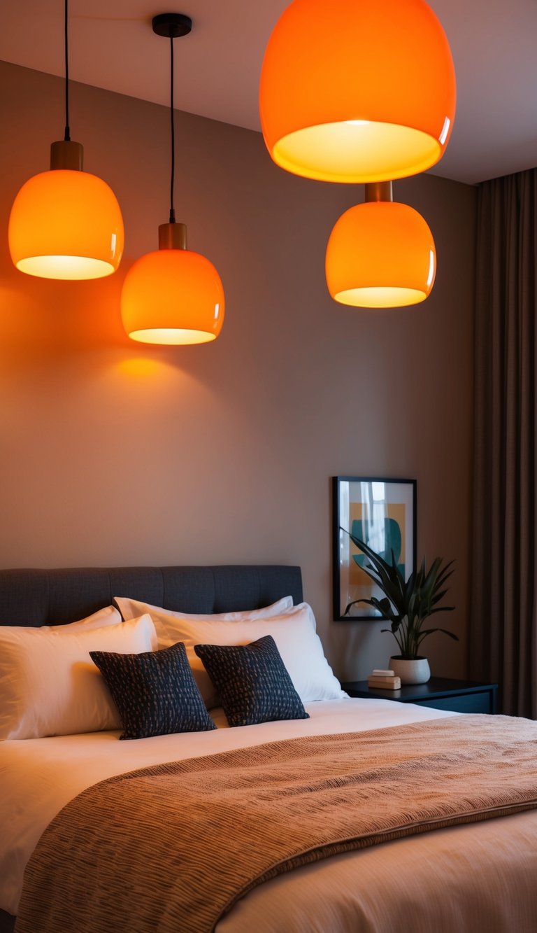 The bedroom is lit by warm orange pendant lights, casting a cozy glow over the modern decor and creating a relaxing ambiance