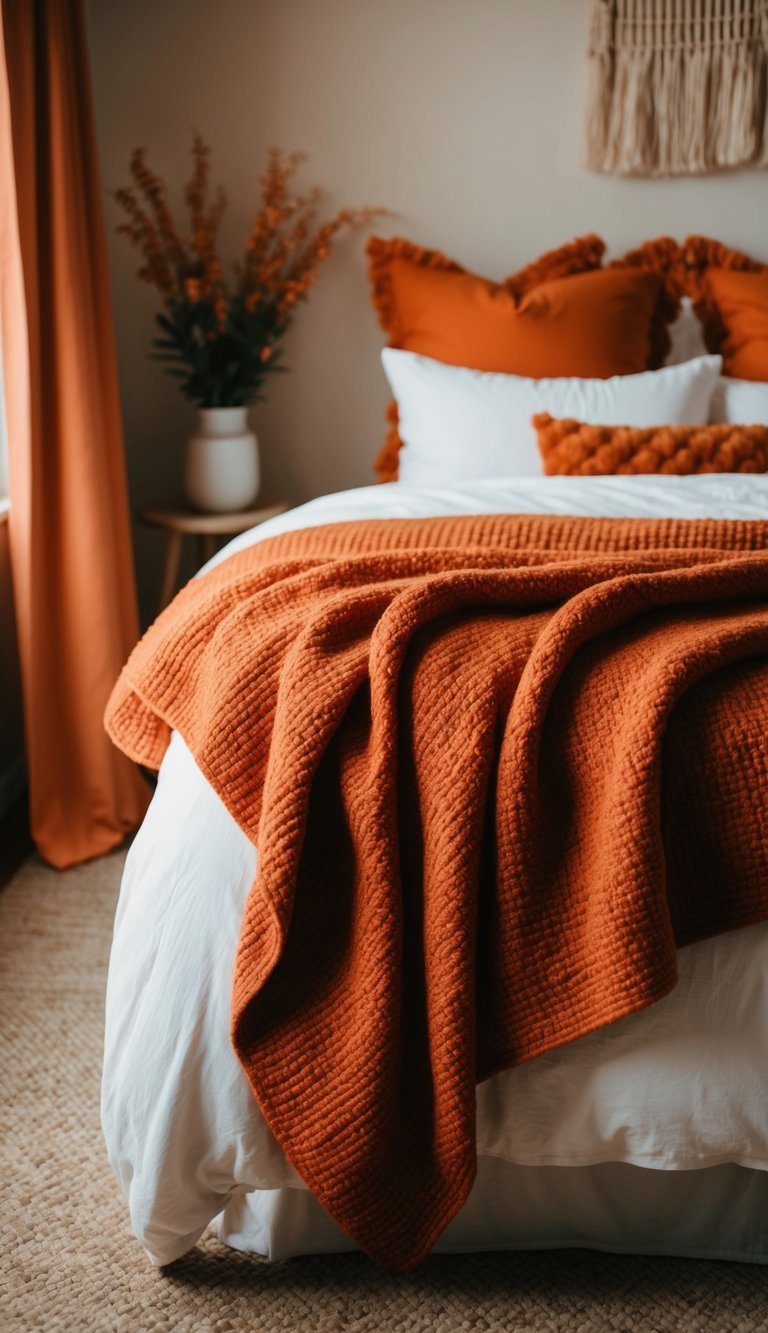 A cozy burnt orange throw blanket draped over a bed in a warm, inviting bedroom with orange accents