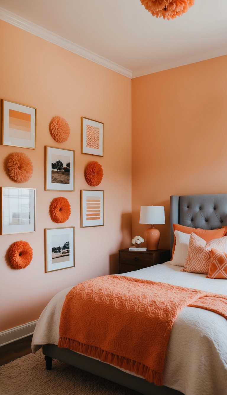 Soft peachskin paint coats the walls of a cozy bedroom, accented with 23 shades of orange decor and furnishings