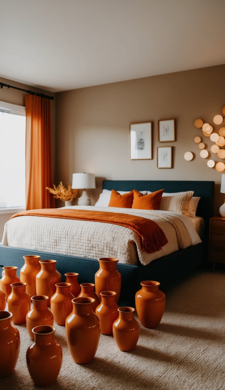 A cozy bedroom with 23 orange ceramic vases scattered throughout, adding warm pops of color to the space
