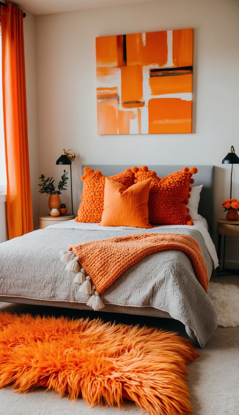 A cozy bedroom with vibrant orange accents: a fluffy orange rug, orange throw pillows on the bed, and a cheerful orange abstract artwork on the wall