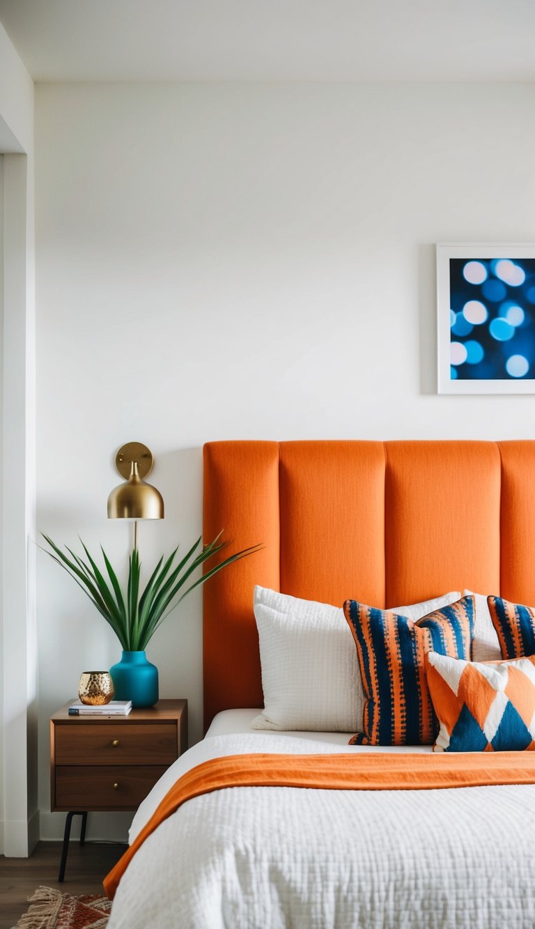 An orange headboard stands out against a white wall, with a cozy bed and vibrant decor in a modern bedroom setting
