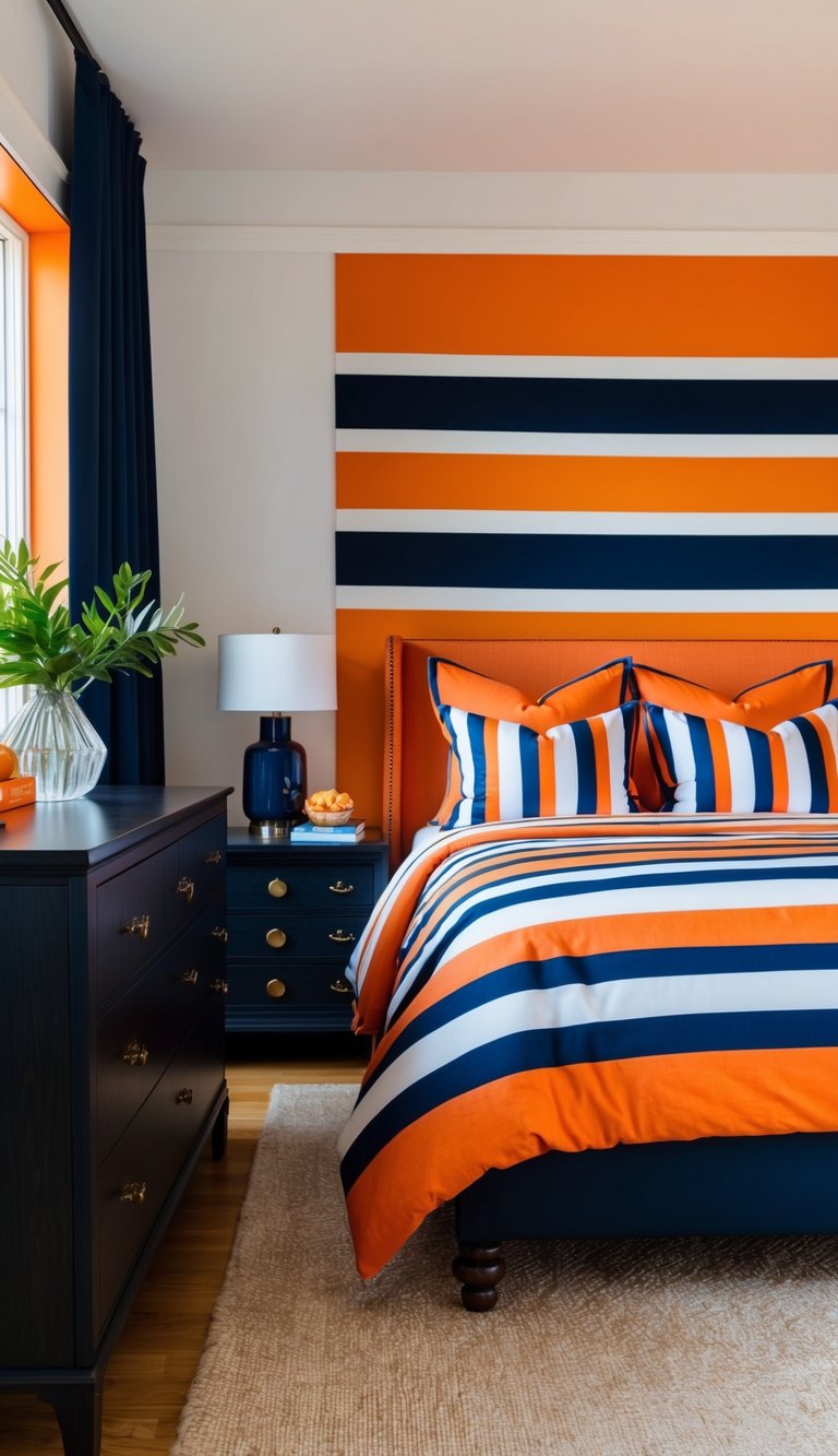 An orange and navy bedroom with bold striped bedding, a dark wood dresser, and orange accent pillows