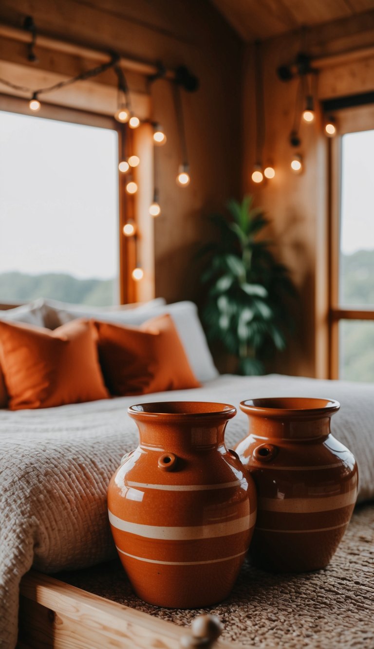 A cozy bedroom with rustic orange pottery accents, warm and inviting
