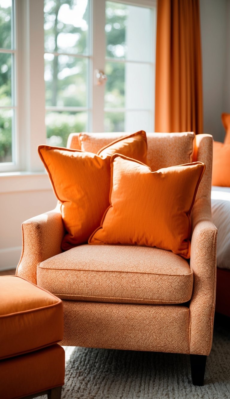 An orange armchair sits in a sunlit bedroom, surrounded by matching orange throw pillows and a coordinating side table