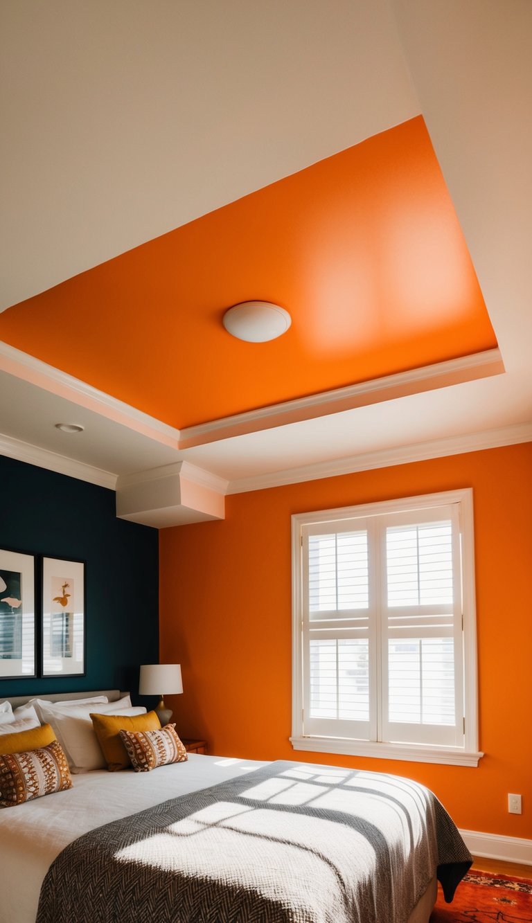 The ceiling is painted a vibrant orange, casting a warm glow over the bedroom. The bold color adds an unexpected twist to the room's decor