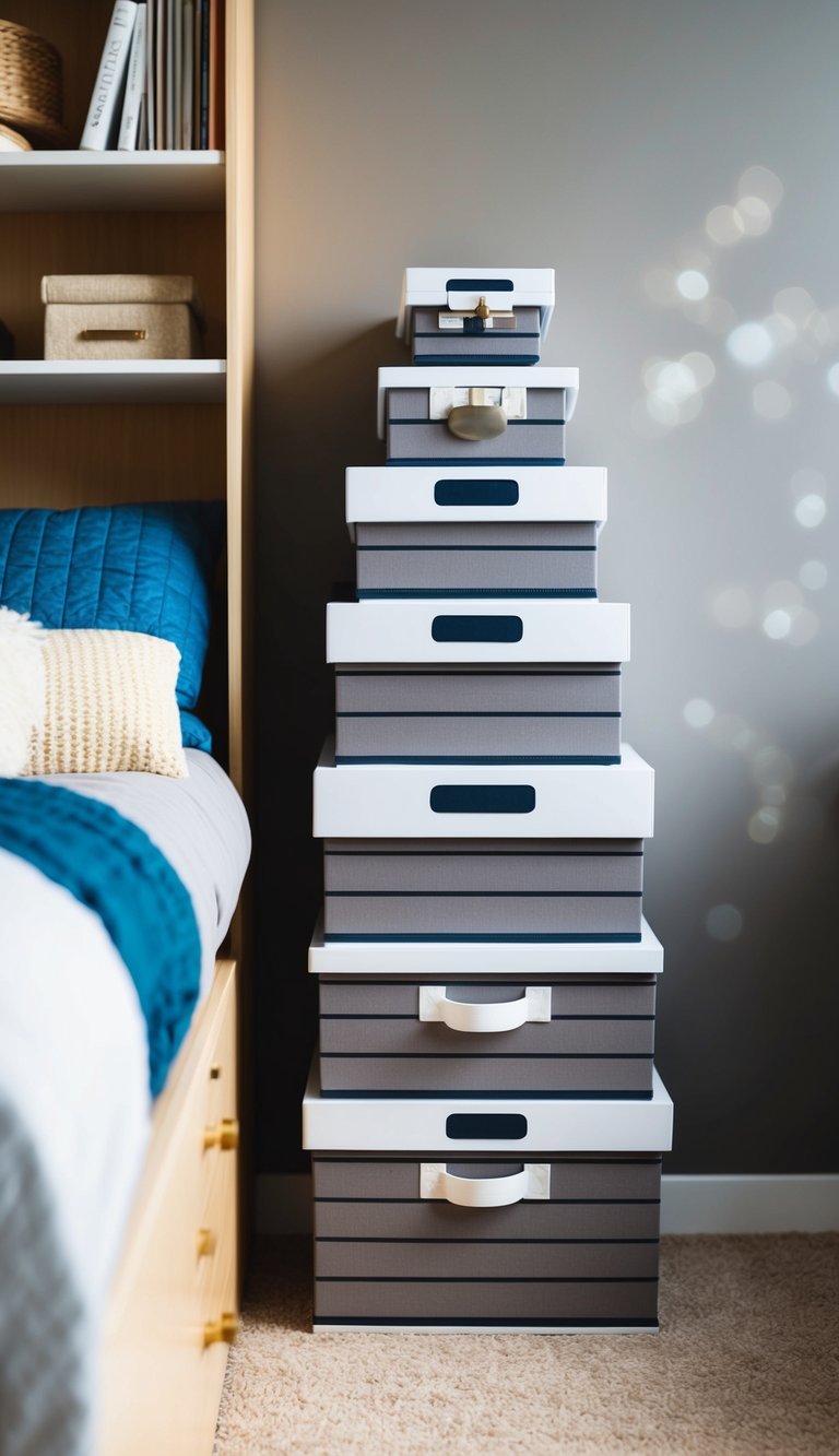 Stackable storage boxes neatly organized in a small bedroom, maximizing space