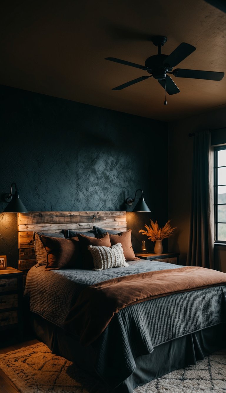 A dimly lit bedroom with rich, earthy tones and rustic accents. A weathered wooden headboard and dark, textured walls create a moody, cowboy-inspired atmosphere.