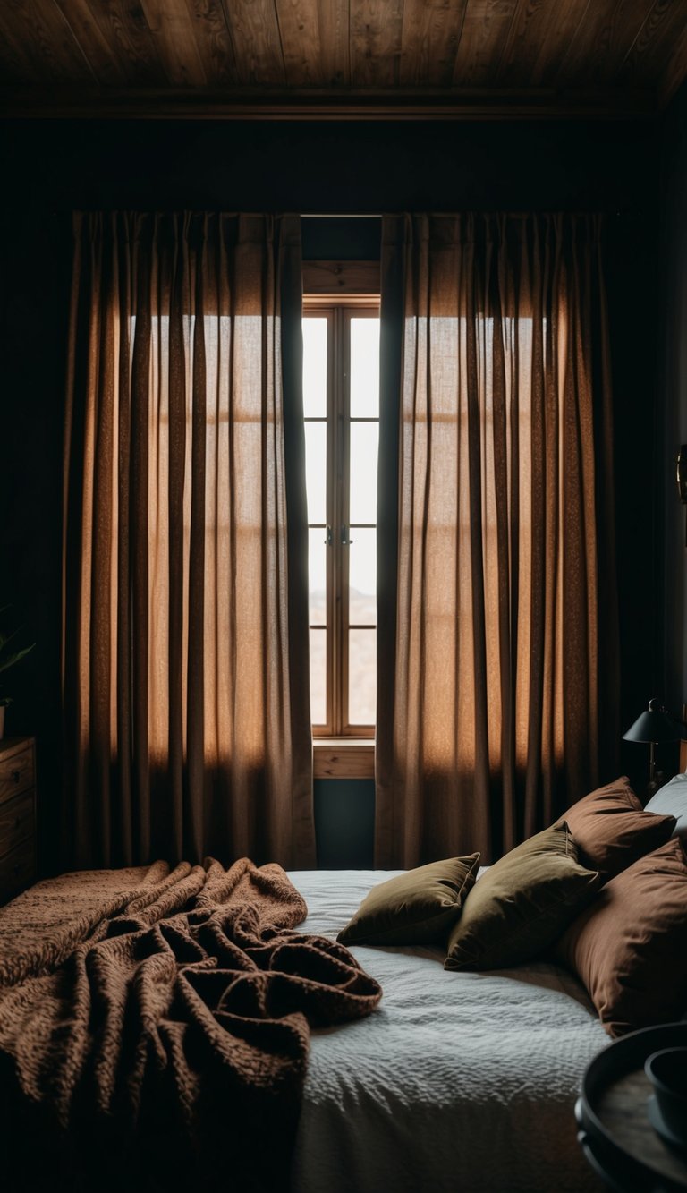 The deep, earthy tone curtains hang in a dimly lit western-style bedroom, creating a moody and cozy atmosphere