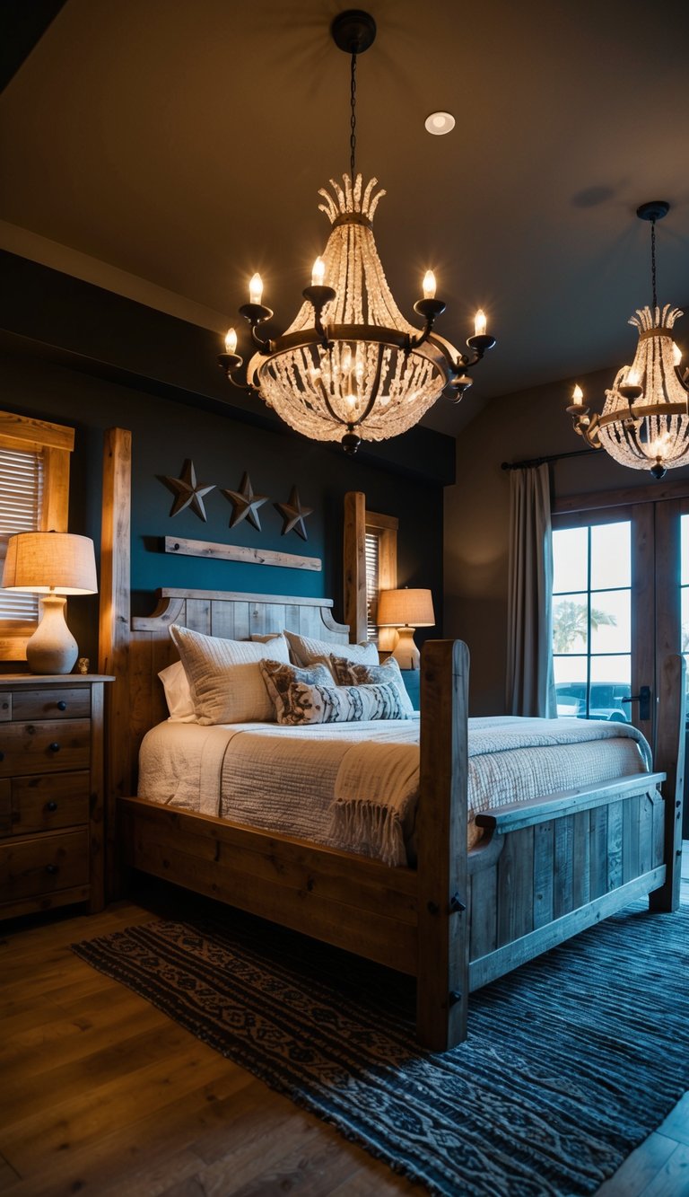 A dimly lit bedroom with rustic wooden furniture and old west style chandeliers hanging from the ceiling