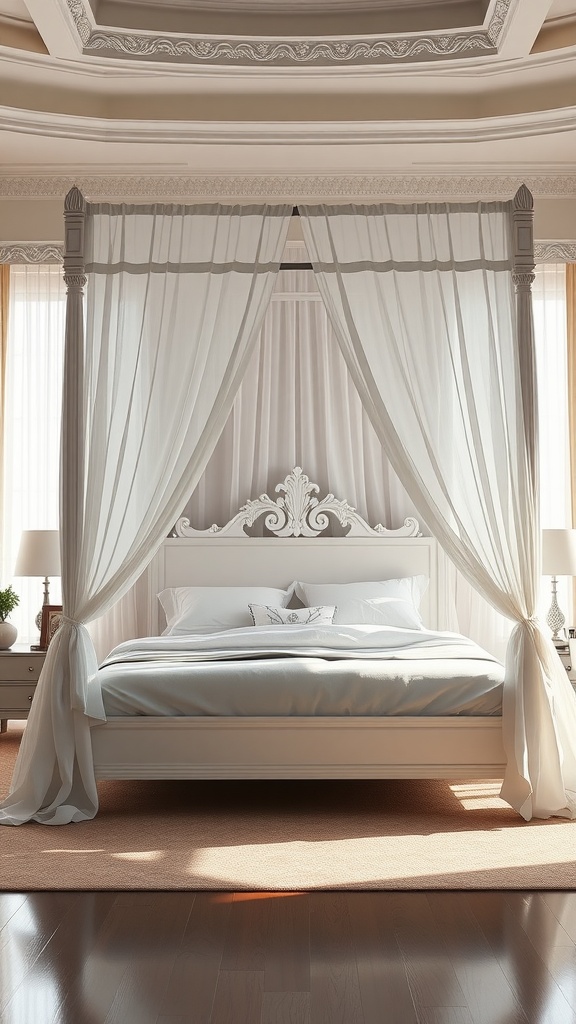 A stylish white canopy bed with soft drapes and an intricate headboard, enhancing the elegance of a bright bedroom.