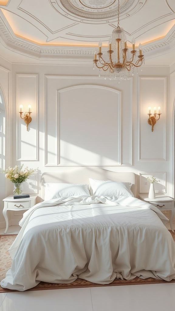 A romantic white bedroom featuring a chandelier and wall sconces for lighting.